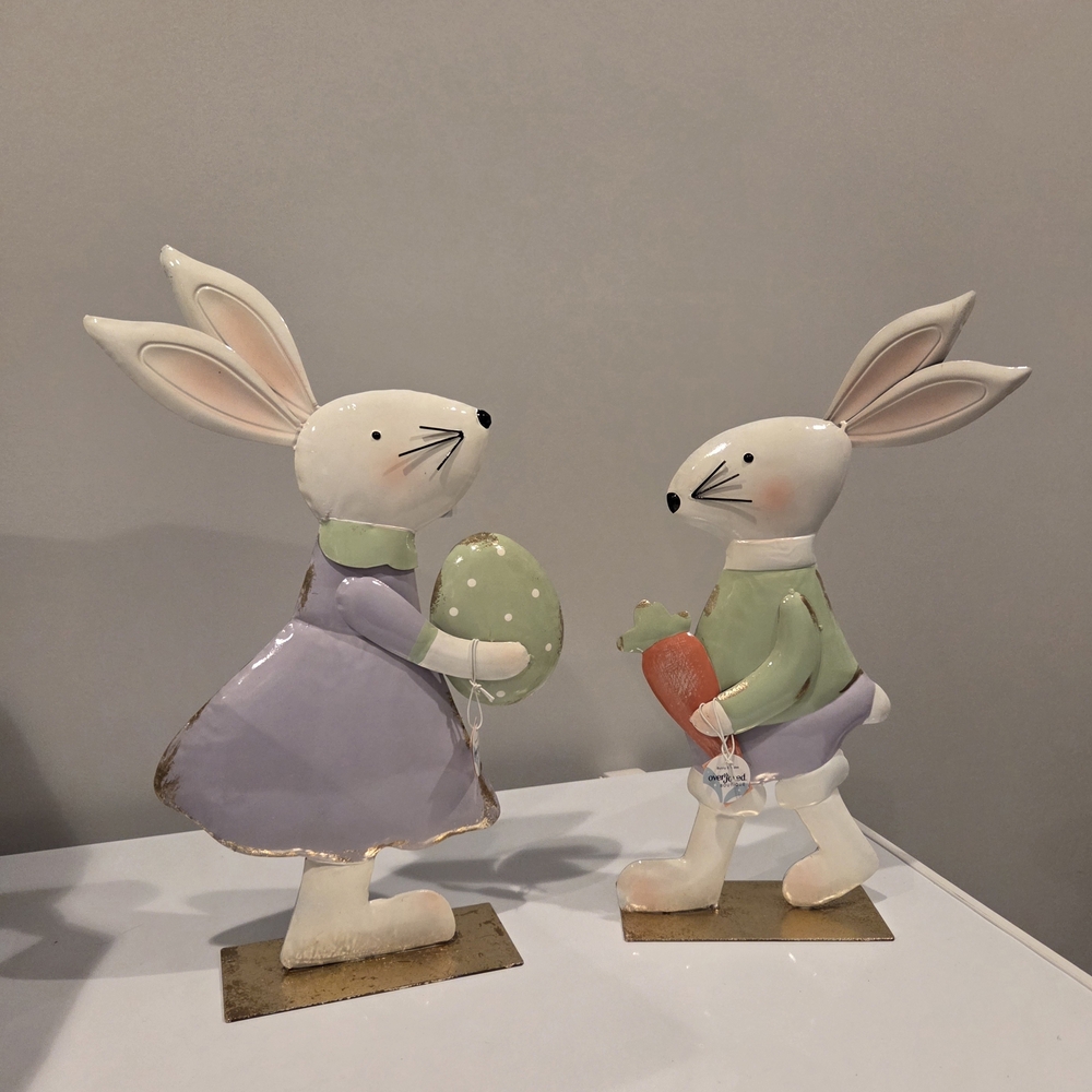 Metal Pastel Bunny Pair Easter Figurines in Lavender, Green & Cream